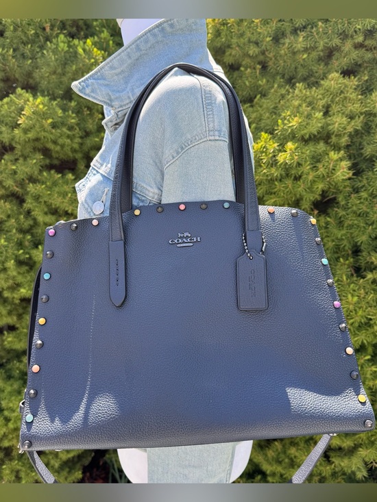 Coach Handbags - COACH *RARE* Charlie Navy Pebbled Leather Tote with Multicolor Studs